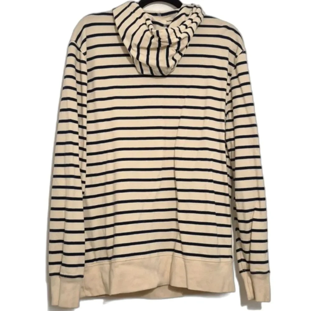 J.Crew Authentic Fleece Hooded Shirt M Striped Hoodie Navy Cream Cotton Pullover